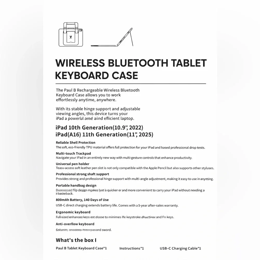 PAUL B Wireless Bluetooth Tablet Keyboard Case (Black) • NEW IN UNOPENED BOX